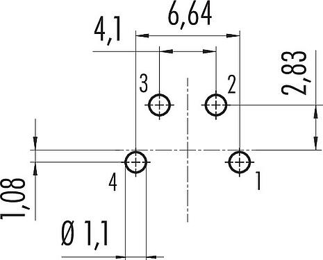 Conductor layout M16 Male panel mount connector, Contacts: 4 (04-a), unshielded, THT, IP40, M18x0,75, Rear mounting