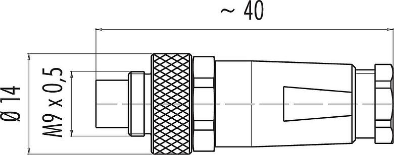 Scale drawing M9 Male cable connector, Contacts: 3, 3.5-5.0 mm, shieldable, solder, IP67, with shielding cuff
