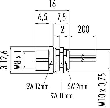 Dessin coté M8 Embase femelle, Contacts: 6, non blindé, fils, IP67, UL 2238, M10x0,75, Montage frontal, coulé