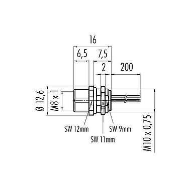 Dessin coté M8 Embase femelle, Contacts: 8, non blindé, fils, IP67, UL 2238, M10x0,75, Montage frontal, coulé