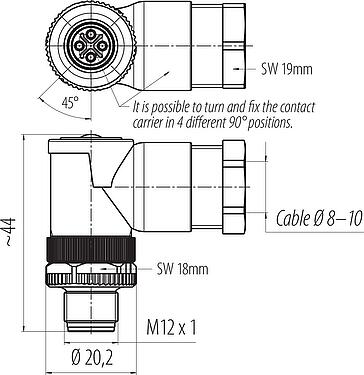 Dessin coté M12 Connecteur mâle coudé, Contacts: 3+PE, 8,0-10,0 mm, non blindé, pince à visser, IP67, UL 2238, VDE