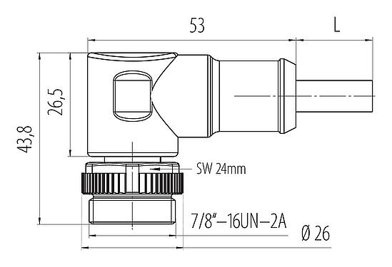 Dessin coté 7/8" Connecteur mâle coudé, Contacts: 3, non blindé, surmoulé sur le câble, IP68, UL 2238, PUR, noir, 3 x 1,50 mm², 5 m