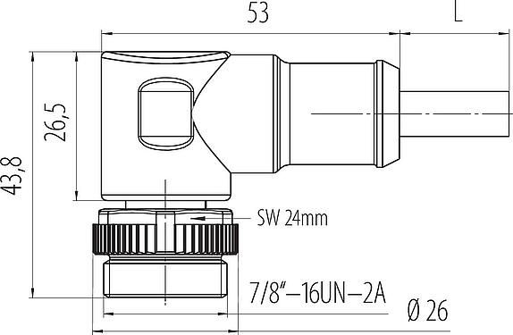 Dibujo a escala 7/8" Conector macho en ángulo, Número de contactos: 3, sin blindaje, moldeado en el cable, IP68, UL 2238, PUR, negro, 3 x 1,50 mm², 5 m