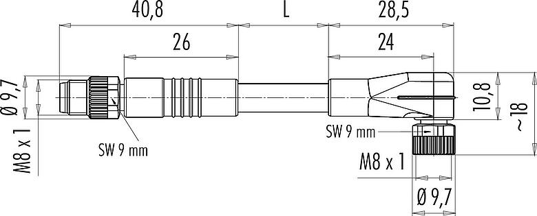 Dessin coté M8 Câble de raccordement connecteur mâle - connecteur femelle coudé, Contacts: 3, non blindé, surmoulé sur le câble, IP67/IP69K, UL 2238, PUR, noir, 3 x 0,34 mm², 2 m