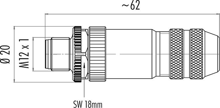 Scale drawing M12 Male cable connector, Contacts: 12, 6.0-8.0 mm, shieldable, solder, IP67, UL 2238, with shielding ring