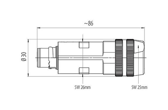 Scale drawing Bayonet Male cable connector, Contacts: 6 (3+PE+2), 7,0-14,0 mm, unshielded, screw clamp, IP67 plugged and locked, UL 2237