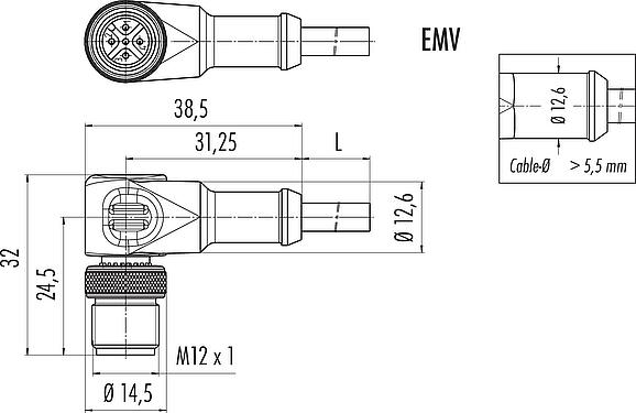 Scale drawing M12 Male angled connector, Contacts: 3, shielded, moulded on the cable, IP67, UL 2238, PVC, grey, 3 x 0.34 mm², 2 m