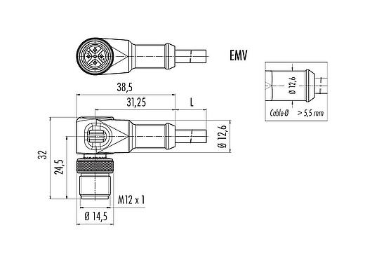 Scale drawing M12 Male angled connector, Contacts: 5, shielded, moulded on the cable, IP67, UL 2238, PUR, black, 5 x 0.25 mm², 10 m