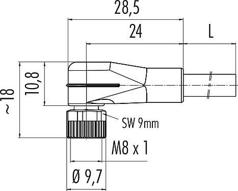 Dessin coté M8 Connecteur femelle coudé, Contacts: 3, non blindé, surmoulé sur le câble, IP67, UL 2238, Standard, PVC, jaune, 3 x AWG 22, 1 m