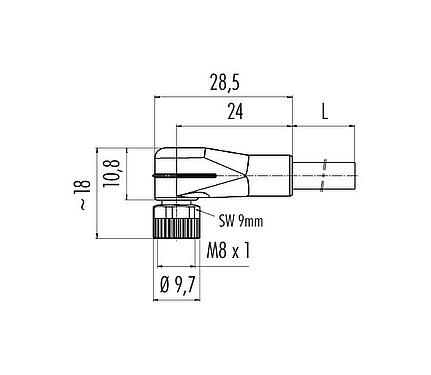 Dessin coté M8 Connecteur femelle coudé, Contacts: 4, non blindé, surmoulé sur le câble, IP67/IP69K, UL 2238, PUR, noir, 4 x 0,34 mm², avec LED, PNP, 2 m