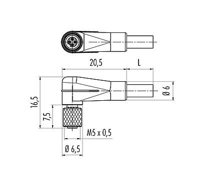 Scale drawing M5 Female angled connector, Contacts: 4, unshielded, moulded on the cable, IP67, UL 2238, M5x0.5, PUR, black, 4 x 0.14 mm², 2 m