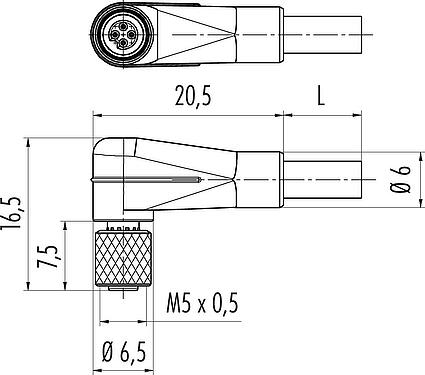 Dibujo a escala M5 Conector hembra en ángulo, Número de contactos: 3, sin blindaje, moldeado en el cable, IP67, UL 2238, M5x0,5, PUR, negro, 3 x 0,14 mm², 2 m