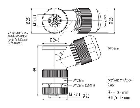 Dessin coté M12 Connecteur femelle coudé, Contacts: 4, 8,0-13,0 mm, non blindé, pince à visser, IP67, UL 2238, M12x1,0, pour l'alimentation électrique