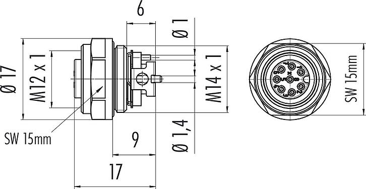 Dibujo a escala M12 Toma de brida, Número de contactos: 8, blindable, SMT, IP67, M14x1,0, Montaje frontal