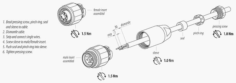 Instrucción de montaje 7/8" Conector de cable hembra, Número de contactos: 4+PE, 6,0-8,0 mm, sin blindaje, tornillo extraíble, IP67, UL 2238, VDE