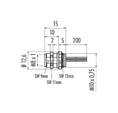Dessin coté M8 Embase femelle, Contacts: 4, non blindé, fils, IP67/IP69K, UL 2238, M10x0,75, Montage mural arrière, coulé