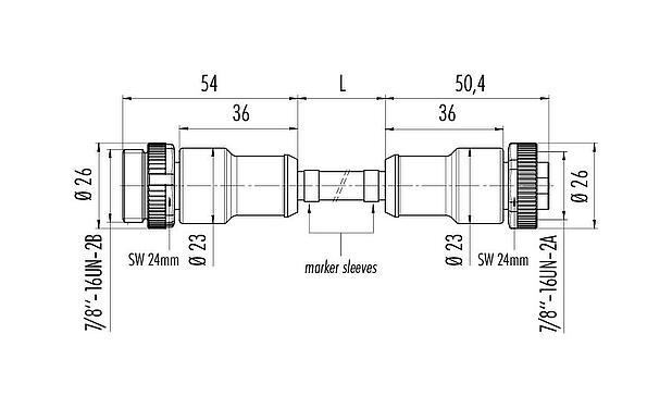 Dibujo a escala 7/8" Cable de conexión conector de cable macho - conector de cable hembra, Número de contactos: 4, sin blindaje, moldeado en el cable, IP68, UL 2238, PUR, negro, 4 x 1,50 mm², 2 m
