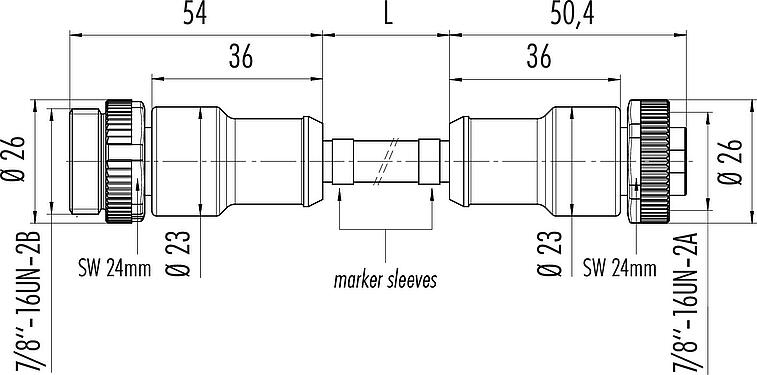 Dessin coté 7/8" Câble de raccordement connecteur mâle - connecteur femelle, Contacts: 2+PE, non blindé, surmoulé sur le câble, IP68, UL 2238, PUR, noir, 3 x 1,50 mm², 10 m