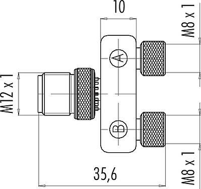 Scale drawing M12/M8 Twin distributors, Y-distributor, male connector - 2 female connector, Contacts: 4/3, unshielded, pluggable, IP68, UL 2238