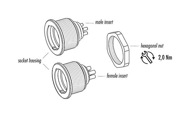 Component part drawing Push Pull Female panel mount connector, Contacts: 7, shieldable, solder, IP67, M21x1,0, Rear mounting