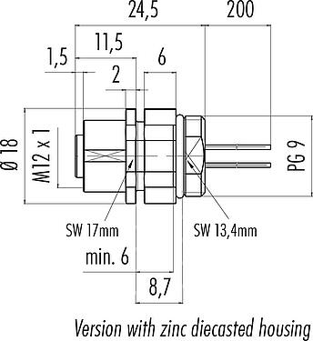 Dibujo a escala M12 Toma de brida, Número de contactos: 5, sin blindaje, hilos, IP68, UL 2238, PG 9, Montaje frontal