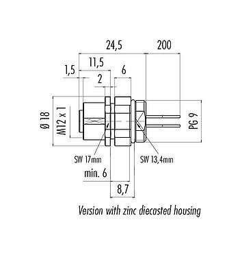 Dessin coté M12 Embase femelle, Contacts: 4, non blindé, fils, IP68/IP69K, UL 2238, PG 9, Montage frontal, Alignement de codage positionnable