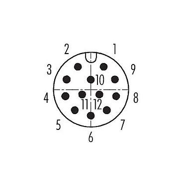 Disposition des contacts (Côté plug-in) M12 Connecteur mâle coudé, Contacts: 12, 6,0-8,0 mm, blindable, souder, IP67, UL 2238, avec anneau de protection