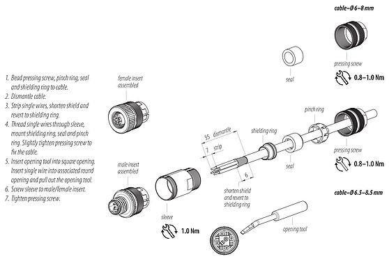 Assembly instructions M12 Male cable connector, Contacts: 5, 6.5-8.5 mm, shieldable, wire clamp, IP67, with shielding ring