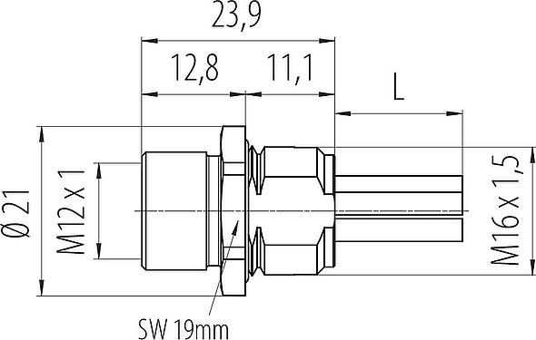 Dibujo a escala M12 Toma de brida, Número de contactos: 4+FE, sin blindaje, hilos, IP68, M16x1,5, Montaje frontal, UL 2237 en preparación