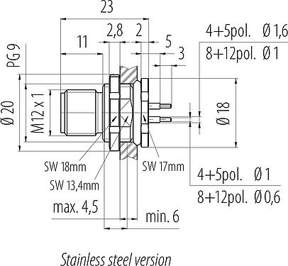 Scale drawing M12 Male panel mount connector, Contacts: 5, unshielded, THT, IP68, UL 2238, PG 9, Rear mounting, stainless steel, potted