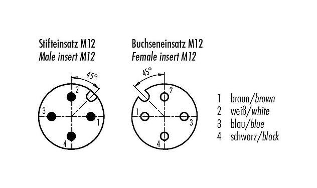 Disposition des contacts (Côté plug-in) M12 Câble de raccordement connecteur mâle - connecteur femelle coudé avec LED, Contacts: 4, non blindé, surmoulé sur le câble, IP68/IP69K, PUR, noir, 4 x 0,34 mm², avec LED, PNP, 1 m