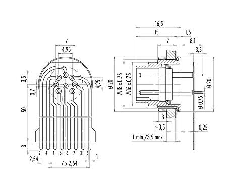 Conexión y dimensiones
M16 Enchufe de brida, Número de contactos: 8 (08-a), sin blindaje, THT, IP68, M18x0,75, Montaje en pared, moldeado