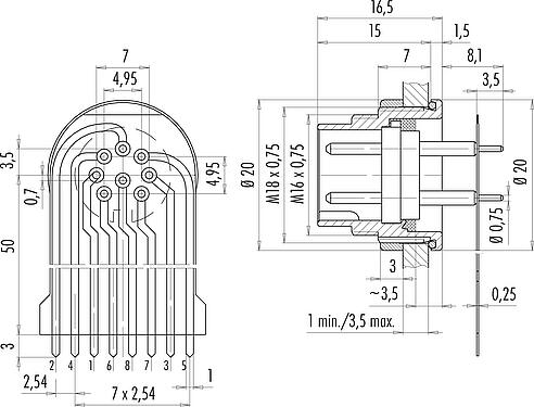 Connection & dimensions M16 Male panel mount connector, Contacts: 8 (08-a), unshielded, THT, IP68, M18x0,75, Rear mounting, potted