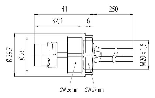 Scale drawing Bayonet Male panel mount connector, Contacts: 6, shieldable, single wires, IP66/IP67, UL 2237, M20x1.5, Front mounting