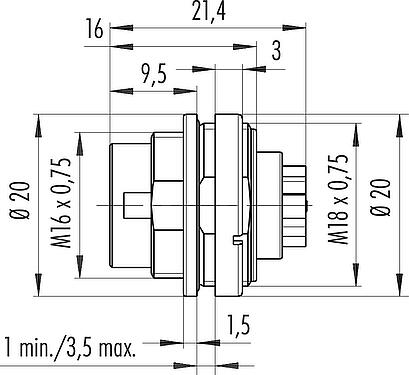 Scale drawing M16 Male panel mount connector, Contacts: 4 (04-a), unshielded, crimping (Crimp contacts must be ordered separately), IP67, UL 2238, M18x0,75, Front mounting