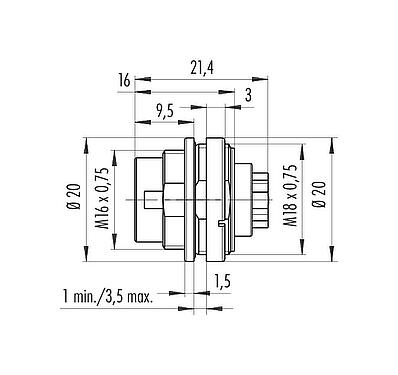 Scale drawing M16 Male panel mount connector, Contacts: 7 (07-a), unshielded, crimping (Crimp contacts must be ordered separately), IP67, UL 2238, M18x0,75, Front mounting