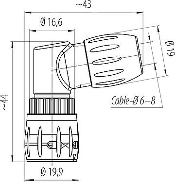 Dibujo a escala Bayoneta Conector macho en ángulo, Número de contactos: 8, 6,0-8,0 mm, sin blindaje, soldadura, IP67