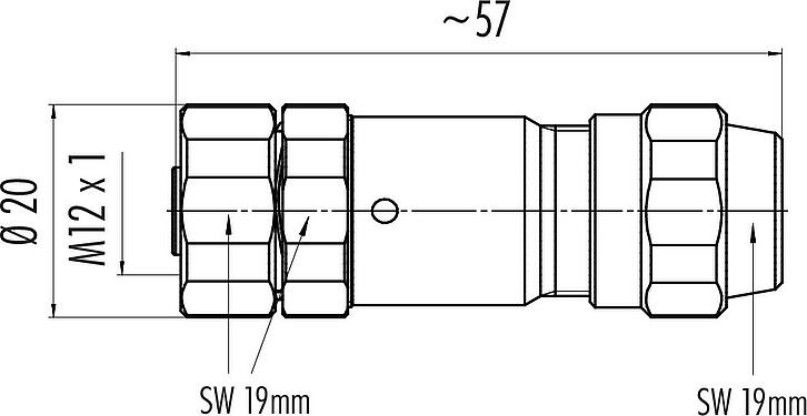 Dibujo a escala M12 Conector de cable hembra, Número de contactos: 4, 5,5-8,6 mm, blindable, tornillo extraíble, IP68/IP69K, UL 2238, Ecolab, Acero inoxidable, con anillo de protección