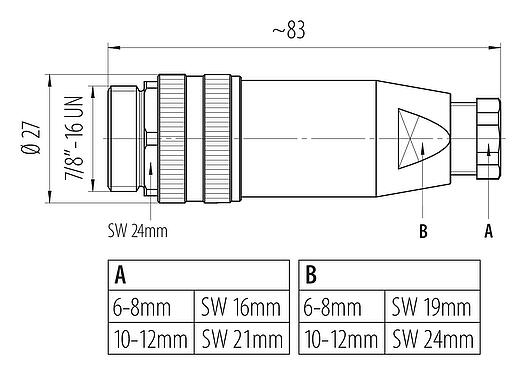 Dibujo a escala 7/8" Conector de cable macho, Número de contactos: 2+PE, 6,0-8,0 mm, sin blindaje, tornillo extraíble, IP67, UL 2238, VDE
