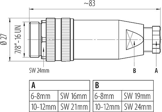 Dibujo a escala 7/8" Conector de cable macho, Número de contactos: 2+PE, 6,0-8,0 mm, sin blindaje, tornillo extraíble, IP67, UL 2238, VDE
