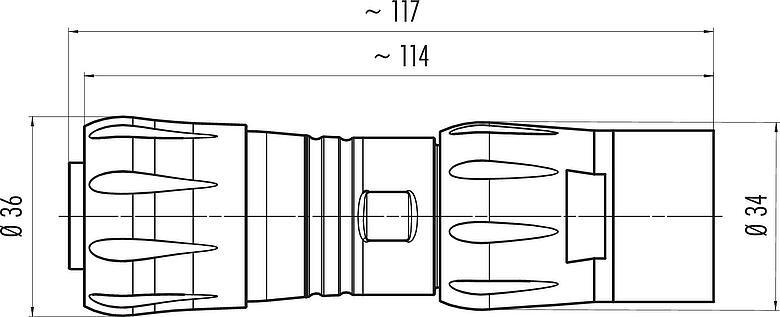 Dibujo a escala Bayoneta Conector de cable hembra, Número de contactos: 4+PE, 7,0-17,0 mm, sin blindaje, crimpado (los contactos de crimpado deben pedirse por separado), IP68/IP69K, UL 2238, VDE, UV-Beständig