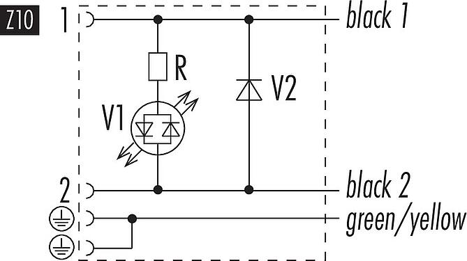 Schémas d’affectation des broches Douille d'électrovanne, Contacts: 2+2PE, non blindé, surmoulé sur le câble, IP67, PUR, noir, Circuit Z10, avec LED, PNP, 5 m