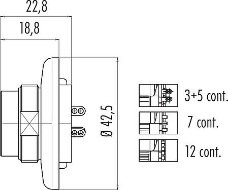 Dessin coté M25 Embase mâle, Contacts: 12, blindable, souder, IP40, Montage frontal