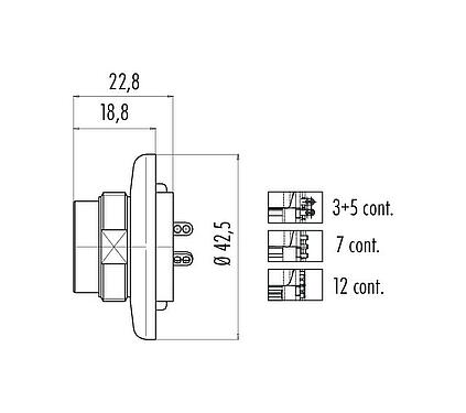 Scale drawing M25 Male panel mount connector, Contacts: 7, shieldable, solder, IP40, Front mounting