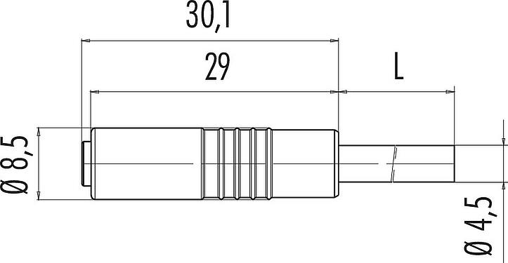 Dibujo a escala M8 Conector de cable hembra, Número de contactos: 4, sin blindaje, moldeado en el cable, IP65, PUR, negro, 4 x 0,25 mm², Versión snap-in, 5 m