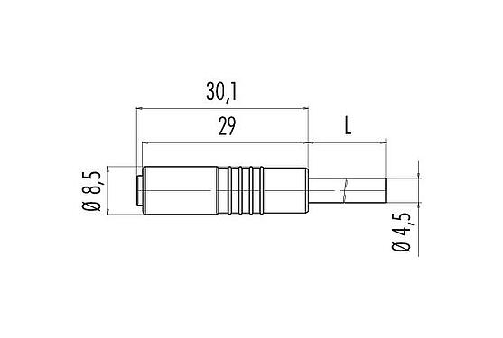 Scale drawing M8 Female cable connector, Contacts: 4, unshielded, moulded on the cable, IP65, PUR, black, 4 x 0.25 mm², Snap-in version, 5 m