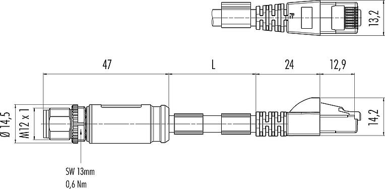 Scale drawing M12/RJ45 Connecting cable male cable connector - RJ45 connector, Contacts: 8, shielded, moulded on the cable, IP67, UL, PUR, green, AWG 26/7, 5 m