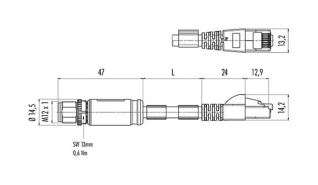 Scale drawing M12/RJ45 Connecting cable male cable connector - RJ45 connector, Contacts: 8, shielded, moulded on the cable, IP67, UL, PUR, green, AWG 26/7, 10 m