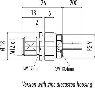 Dibujo a escala M12 Enchufe de brida, Número de contactos: 5, sin blindaje, hilos, IP68, UL 2238, PG 9, Montaje frontal