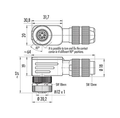 Dessin coté M12 Connecteur femelle coudé, Contacts: 4, 5,0-8,0 mm, blindable, sertir (Les contacts à sertir doivent être commandés séparément), IP67, UL 2238